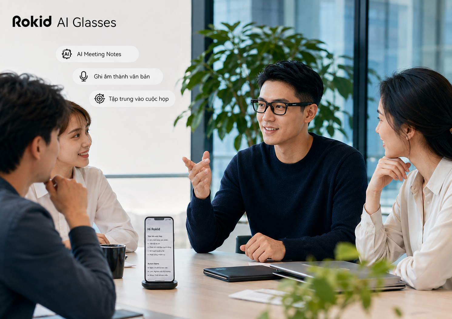 Người dùng Kính Thông Minh Rokid sử dụng AI Meeting Notes để ghi lại nội dung cuộc họp.
