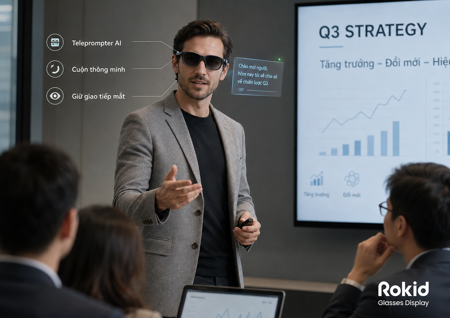 Người thuyết trình dùng AI Teleprompter trên Rokid Glasses Display trong công việc hằng ngày.