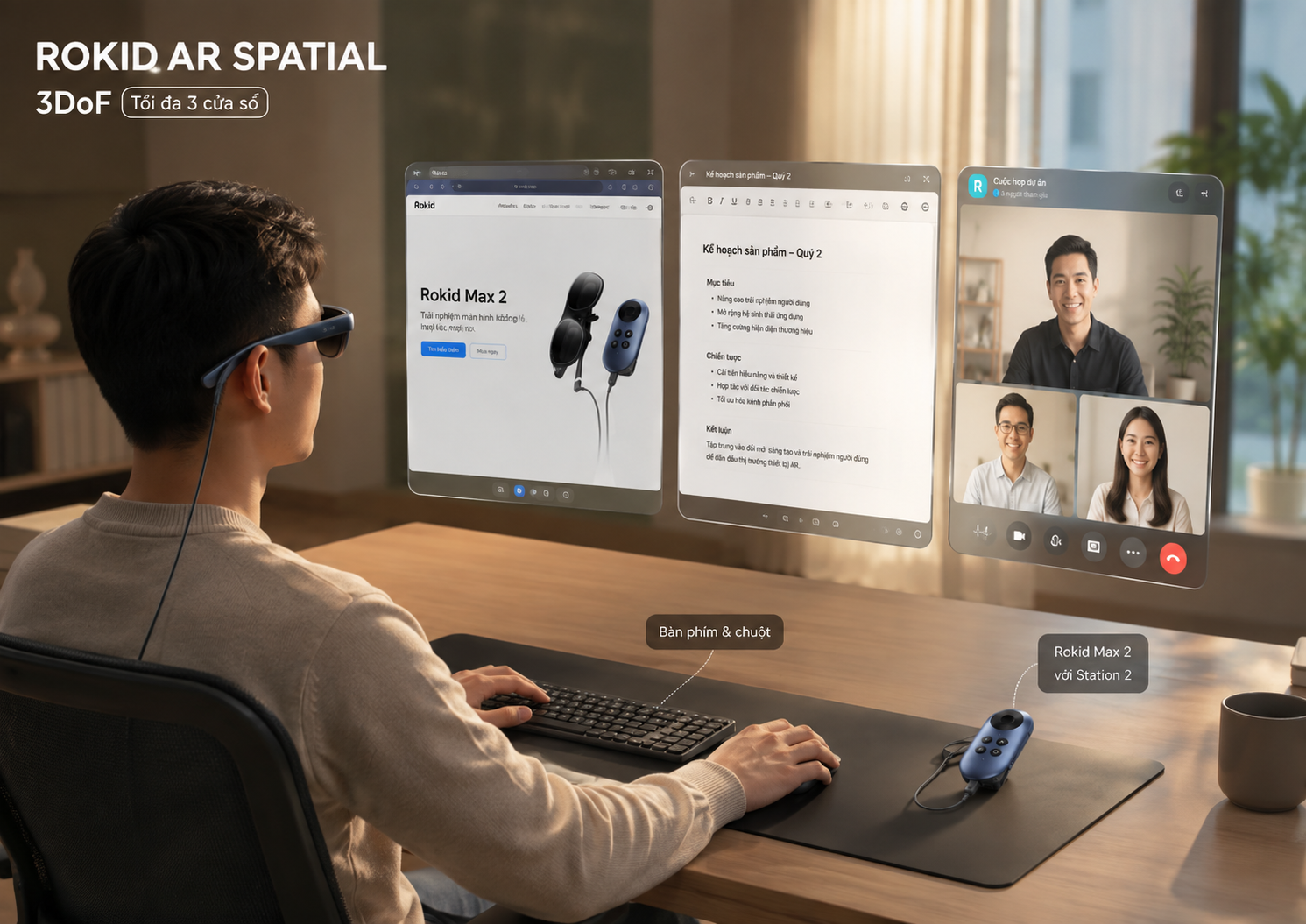 Người dùng Rokid AR Spatial làm việc với ba cửa sổ, bàn phím và chuột Bluetooth.