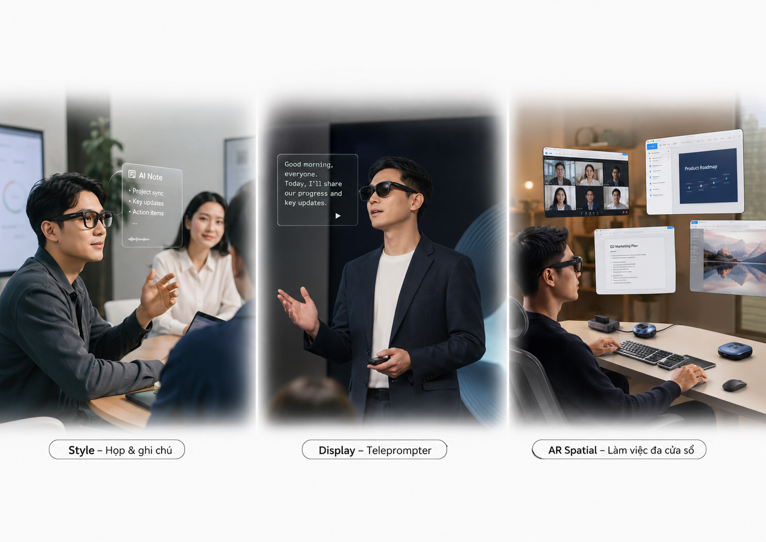 Ba workflow công việc hằng ngày với Rokid AI Glasses Style, Rokid Glasses Display và Rokid AR Spatial.
