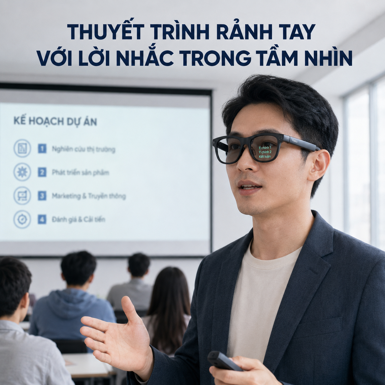 giáo viên dùng kính Rokid bản Display khi thuyết trình.