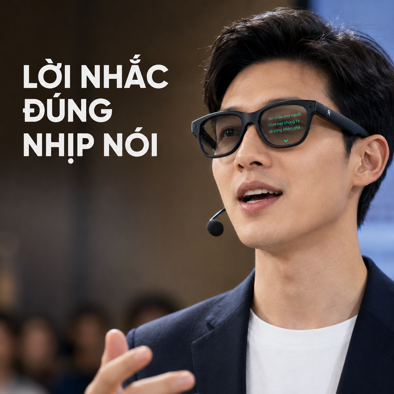 teleprompter trên kính AI Rokid hỗ trợ người thuyết trình.