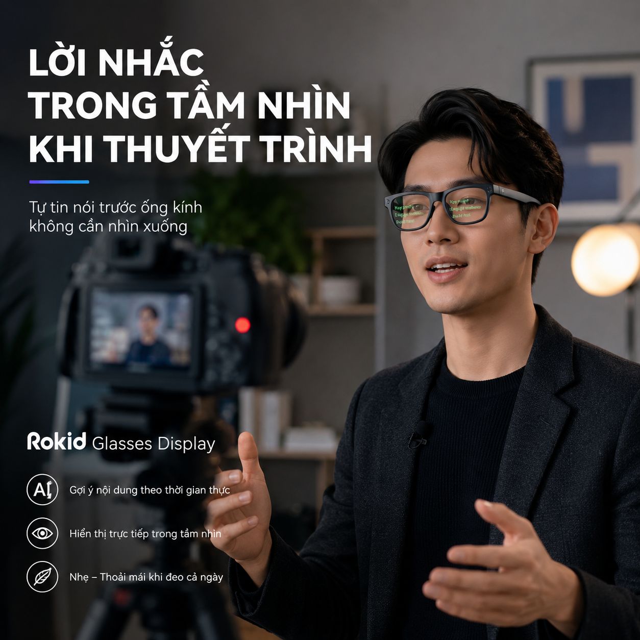 teleprompter trên Rokid Glasses hỗ trợ creator nói trước camera.