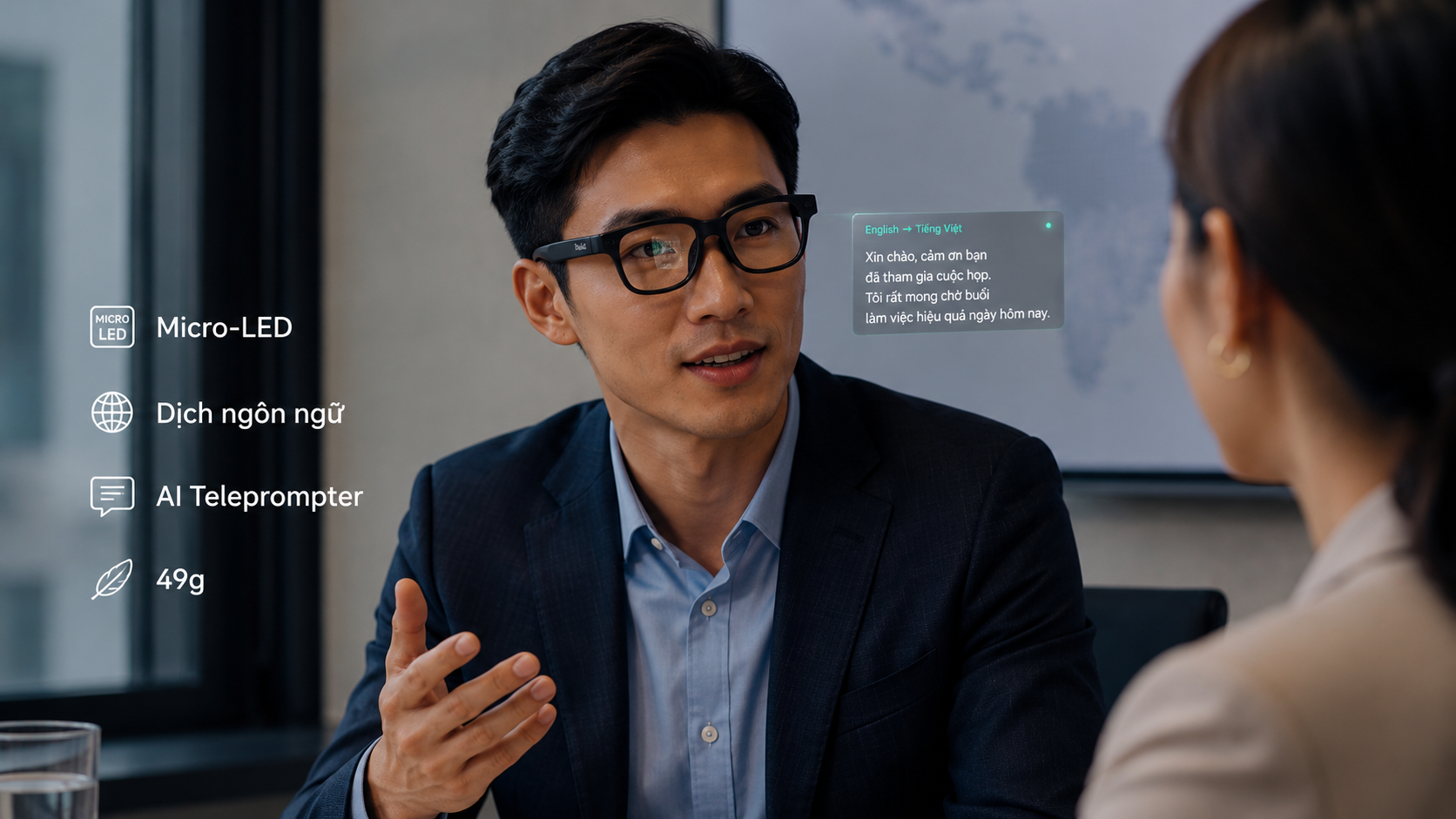 Rokid Glasses Display hiển thị translation và Teleprompter trong tầm nhìn người dùng.