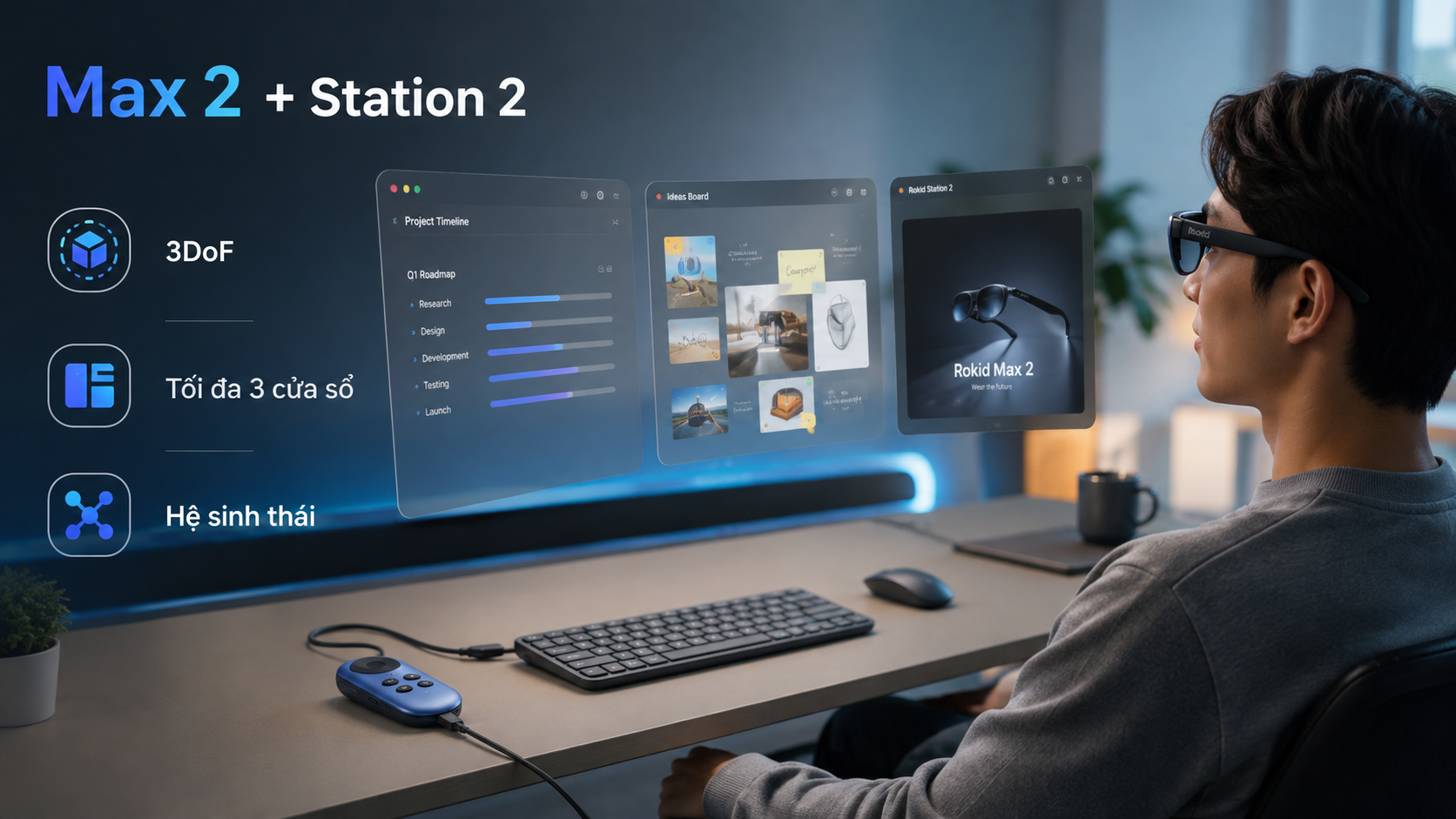Rokid AR Spatial với Max 2, Station 2 và phụ kiện tạo workspace nhiều cửa sổ.