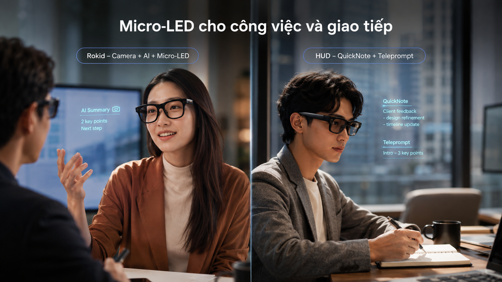 So sánh kính Micro-LED Rokid Glasses với kính HUD tập trung QuickNote và Teleprompter.