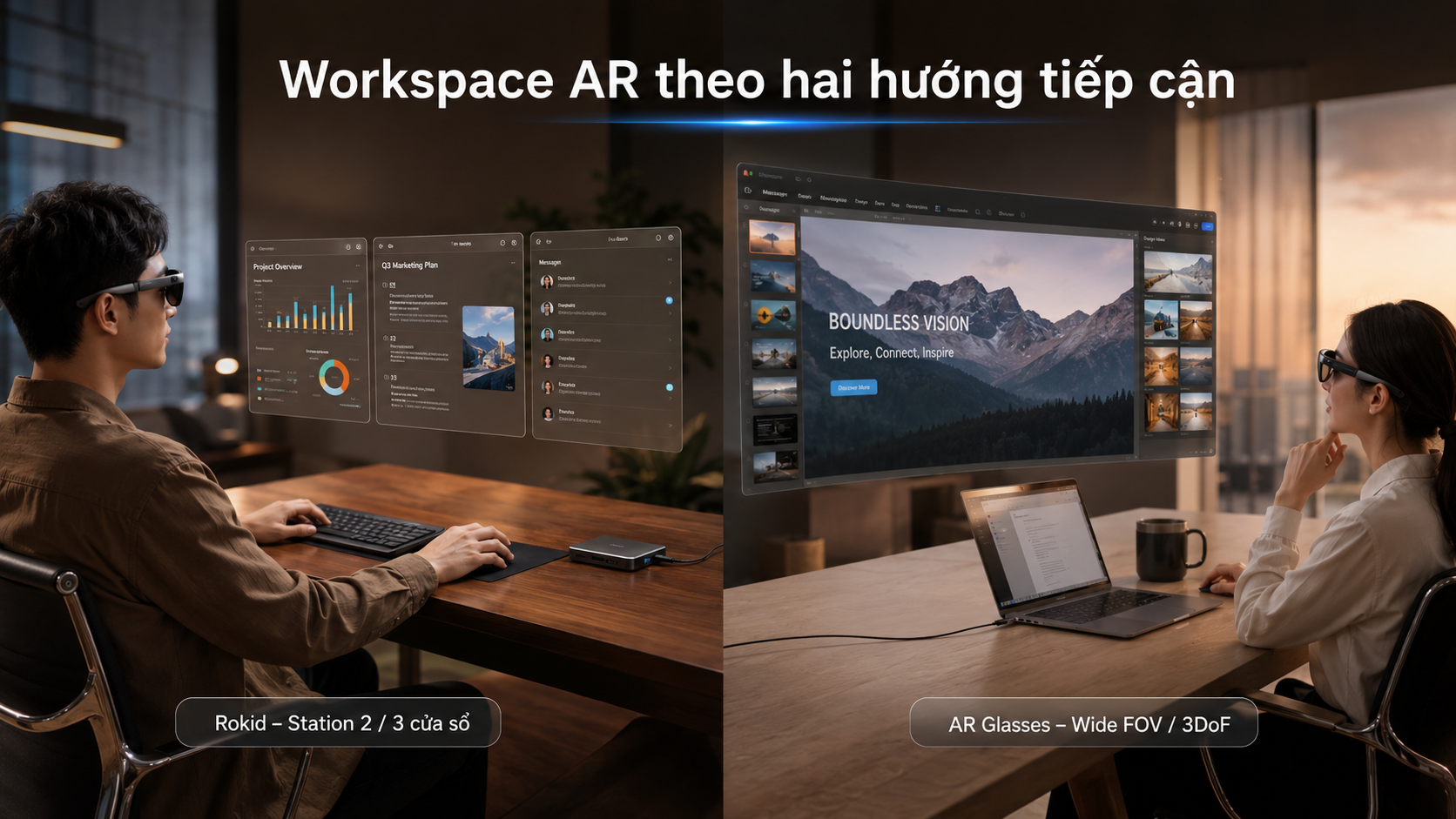 So sánh workflow Rokid AR Spatial nhiều cửa sổ với kính AR spatial display trực tiếp.