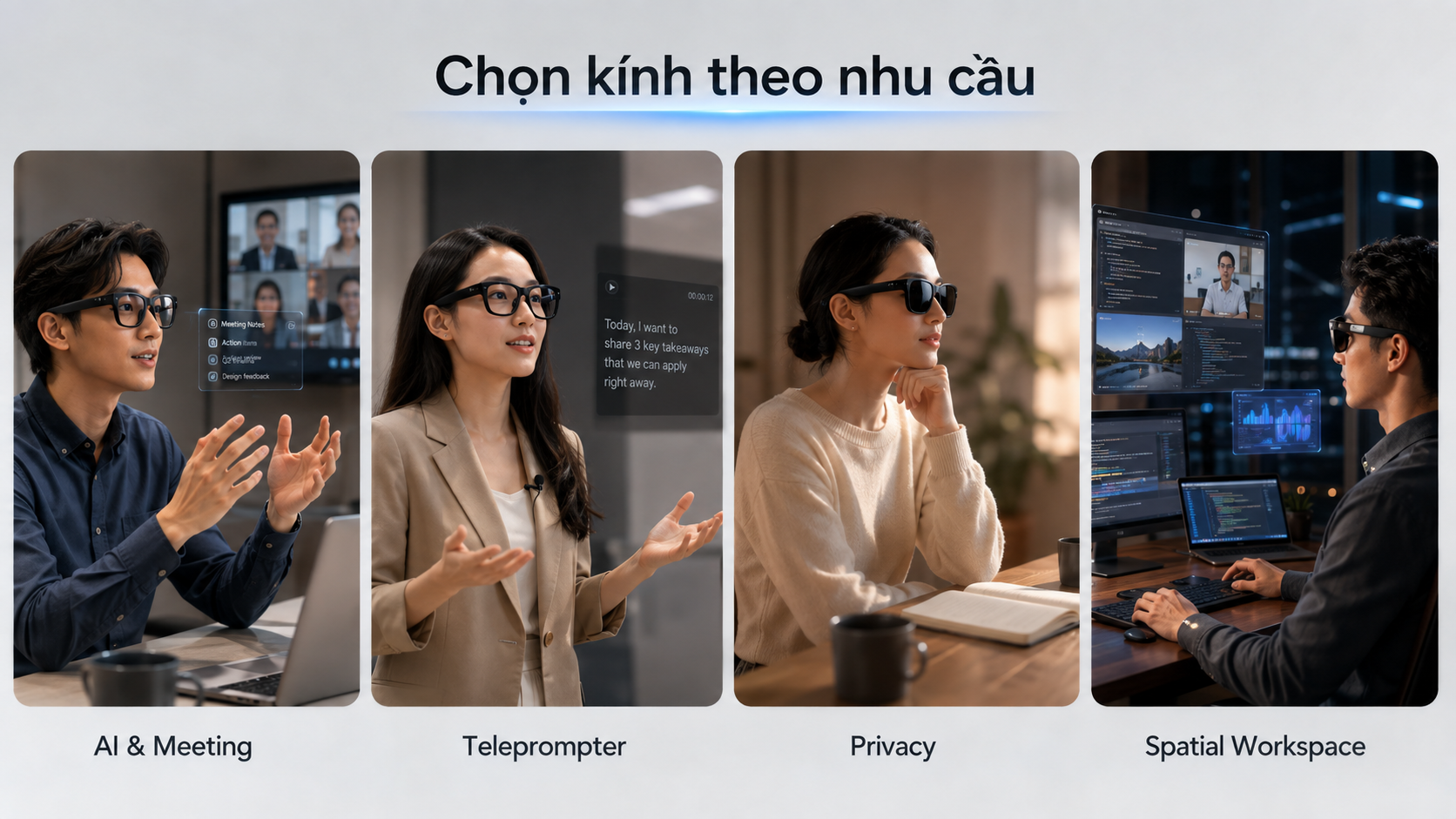 Người dùng lựa chọn kính thông minh theo AI, Teleprompter, privacy và spatial workspace.
