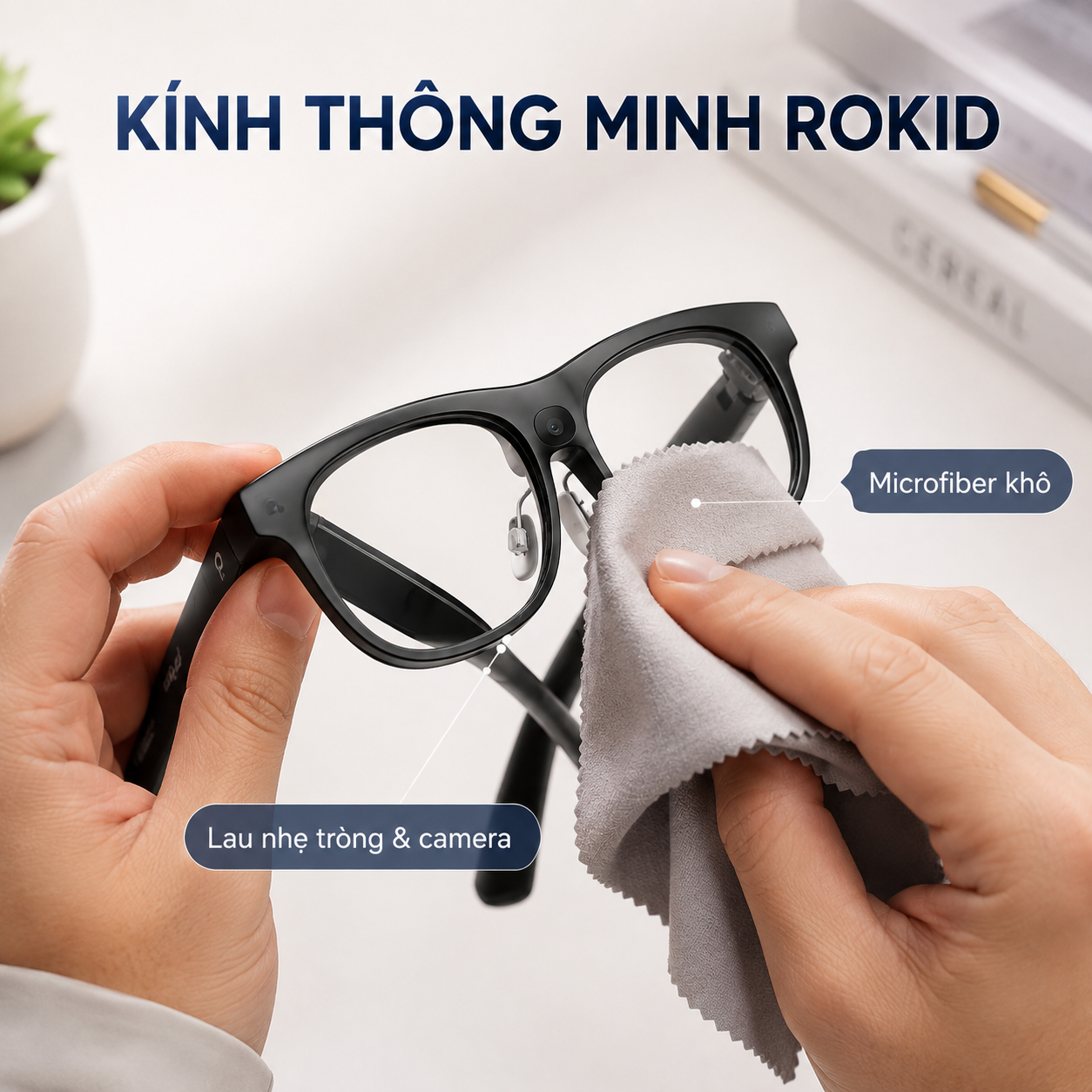 Người dùng vệ sinh tròng và camera Kính Thông Minh Rokid bằng khăn microfiber khô.