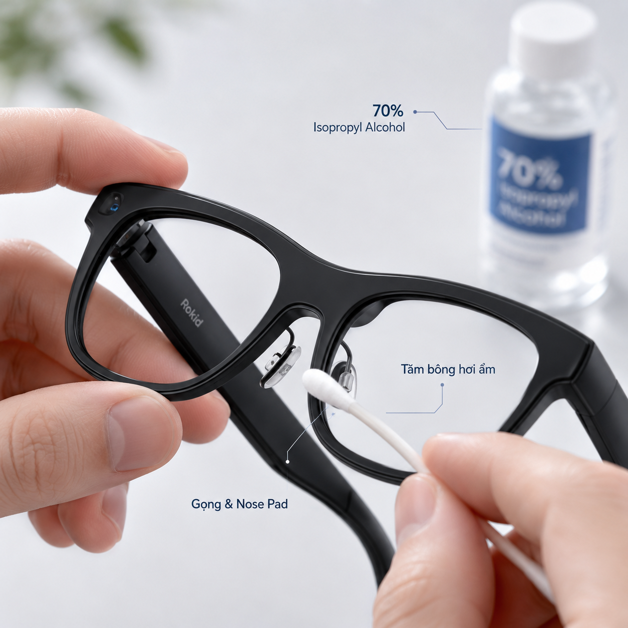 Tăm bông hơi ẩm với cồn isopropyl 70% được dùng để vệ sinh gọng và nose pad Rokid.