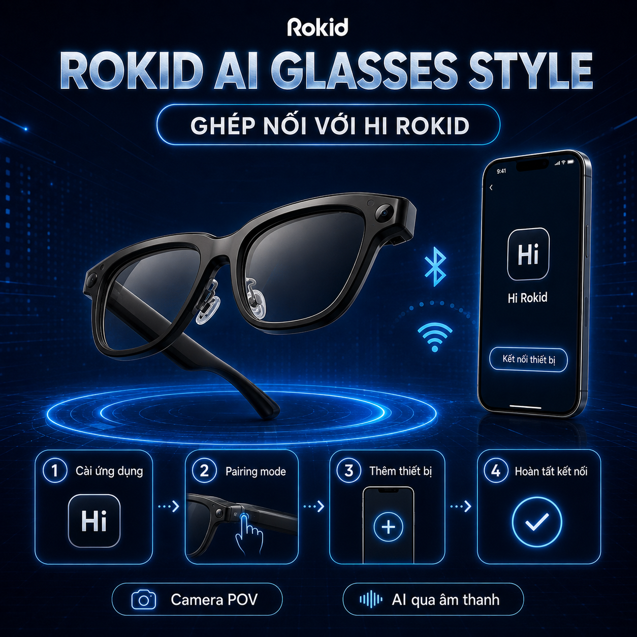 Quy trình ghép Rokid AI Glasses Style với điện thoại bằng ứng dụng Hi Rokid.