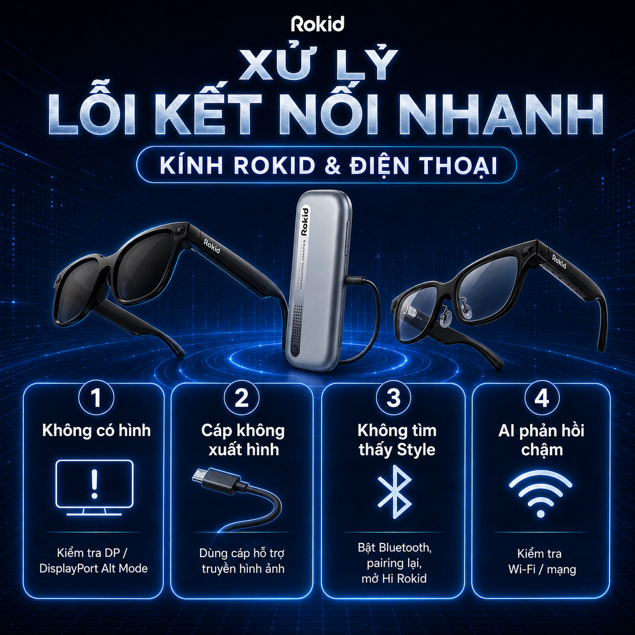 Flowchart xử lý lỗi kết nối kính Rokid với điện thoại.