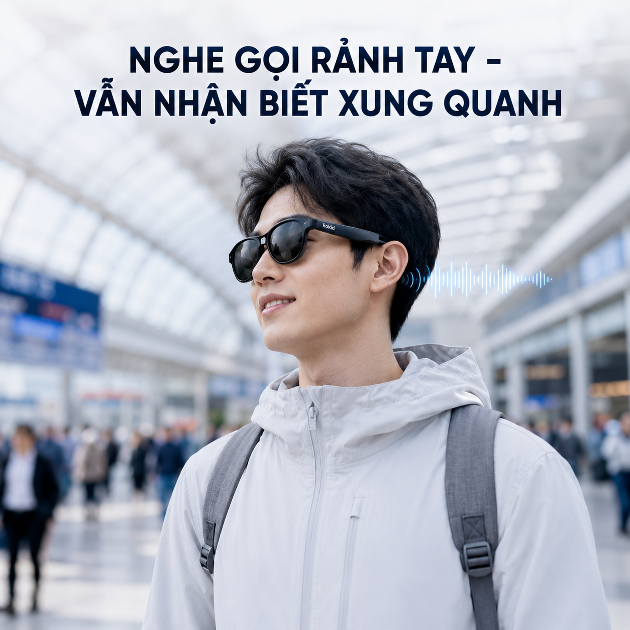 loa Open-Ear trên kính Rokid dùng khi gọi điện nơi đông người.
