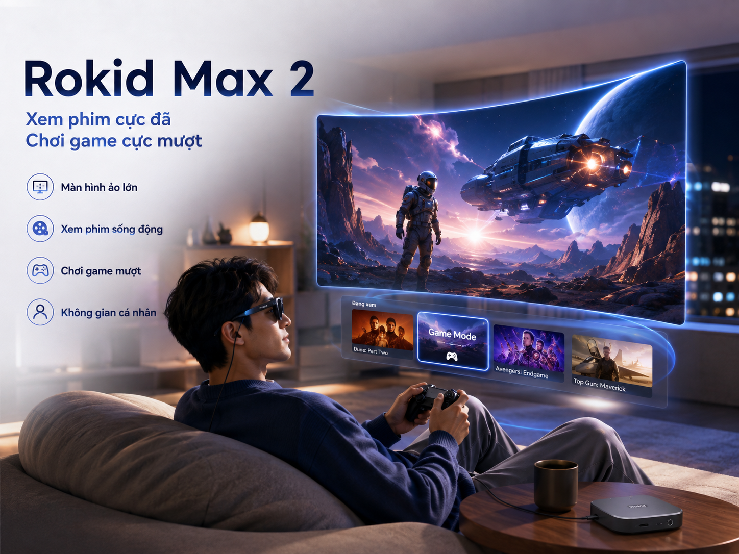 Người dùng đeo Rokid Max 2 để xem phim và chơi game trong không gian riêng tư.