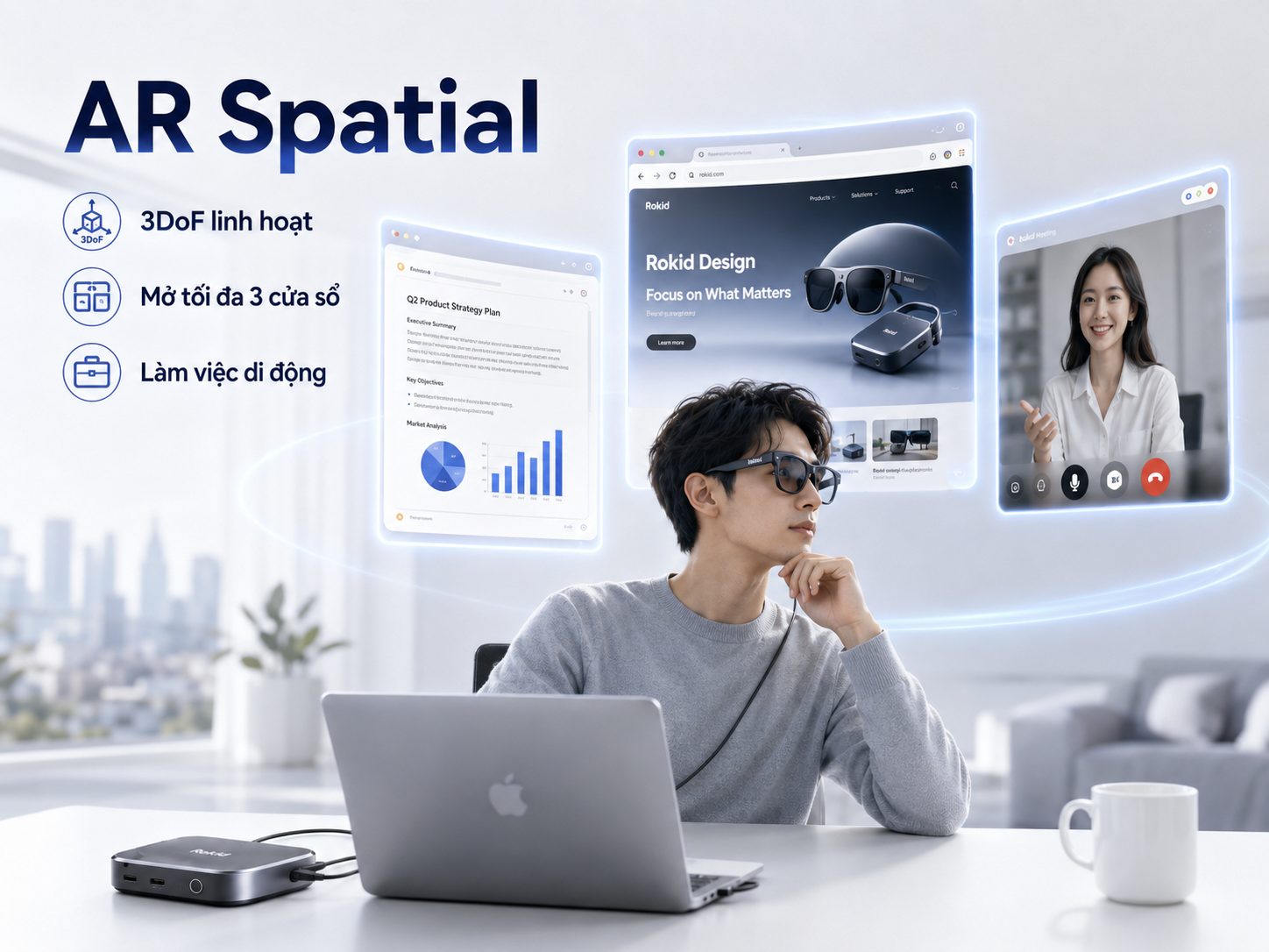 Người dùng làm việc với Rokid AR Spatial và ba cửa sổ ảo trong không gian.