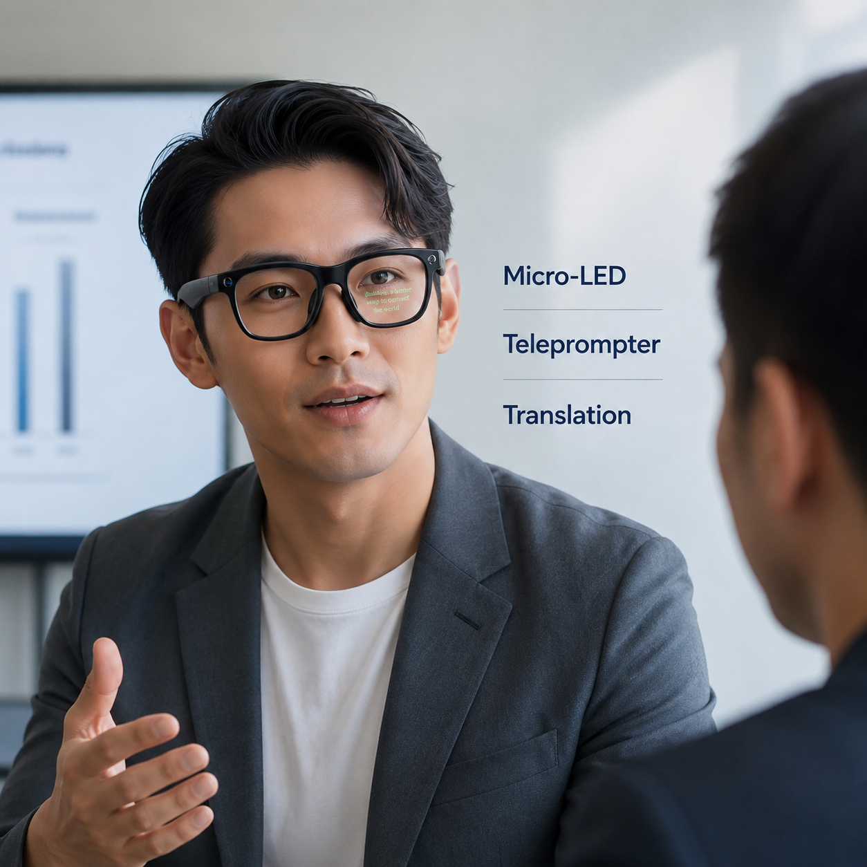 Rokid Glasses Display hiển thị Teleprompter và translation trong công việc thực tế.
