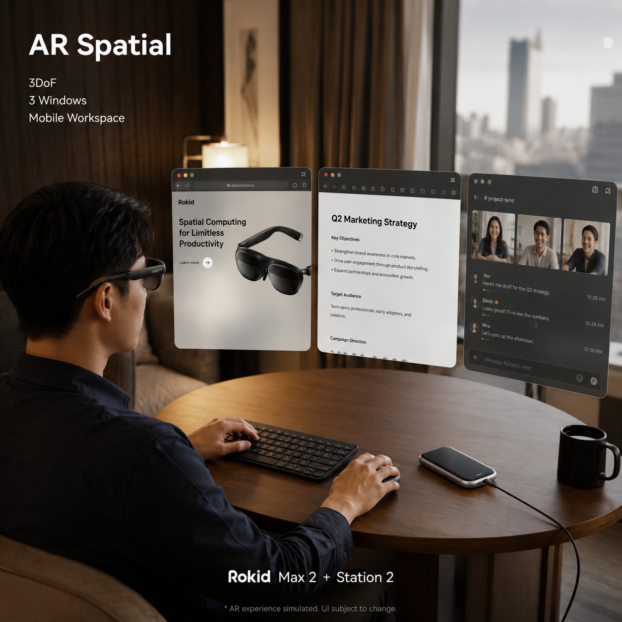 Người dùng Rokid AR Spatial làm việc với ba cửa sổ trong chuyến công tác.