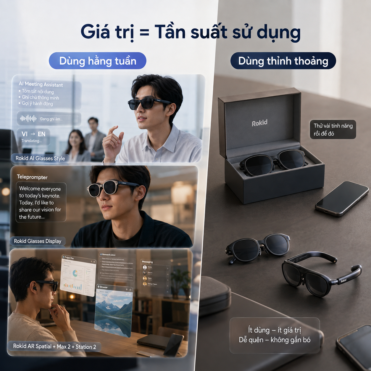 So sánh giá trị Kính Thông Minh Rokid khi được sử dụng thường xuyên và khi chỉ dùng thỉnh thoảng.