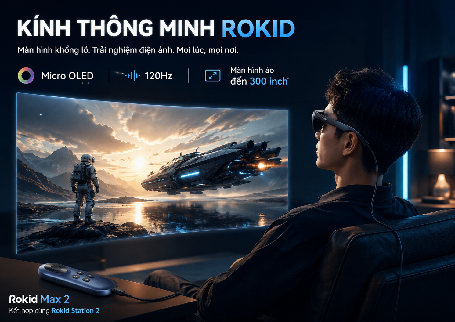 Người dùng đeo Rokid Max 2 với màn hình ảo lớn thể hiện khả năng hiển thị Micro OLED.