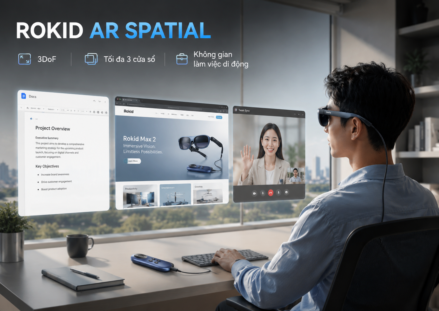 Người dùng làm việc với Rokid AR Spatial và ba cửa sổ ảo 3DoF.