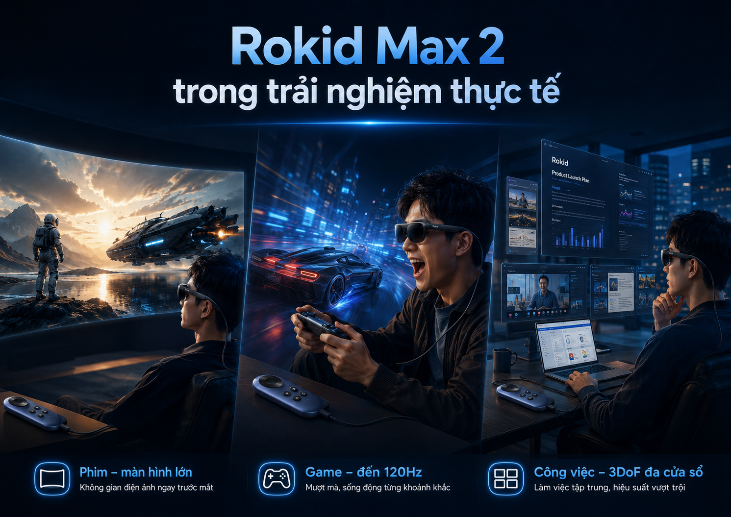 Ảnh review khả năng hiển thị Rokid Max 2 trong ba tình huống xem phim, chơi game và làm việc.
