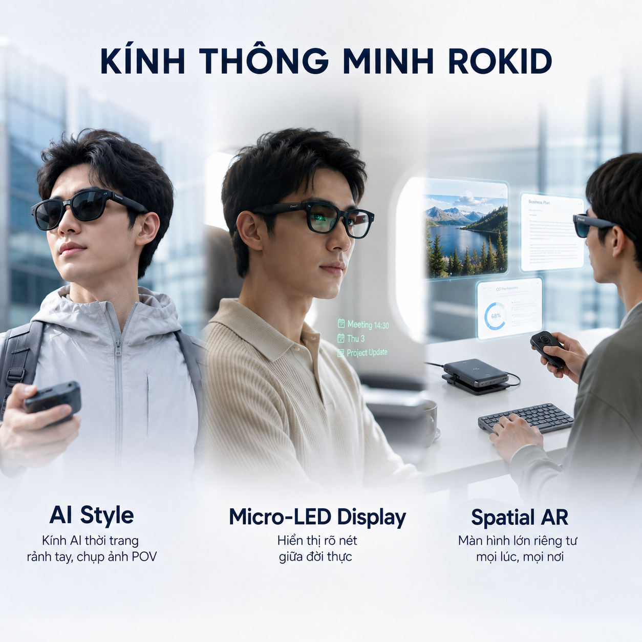 Ba nhóm Kính Thông Minh Rokid gồm AI không màn hình, AI Micro-LED và AR Spatial.