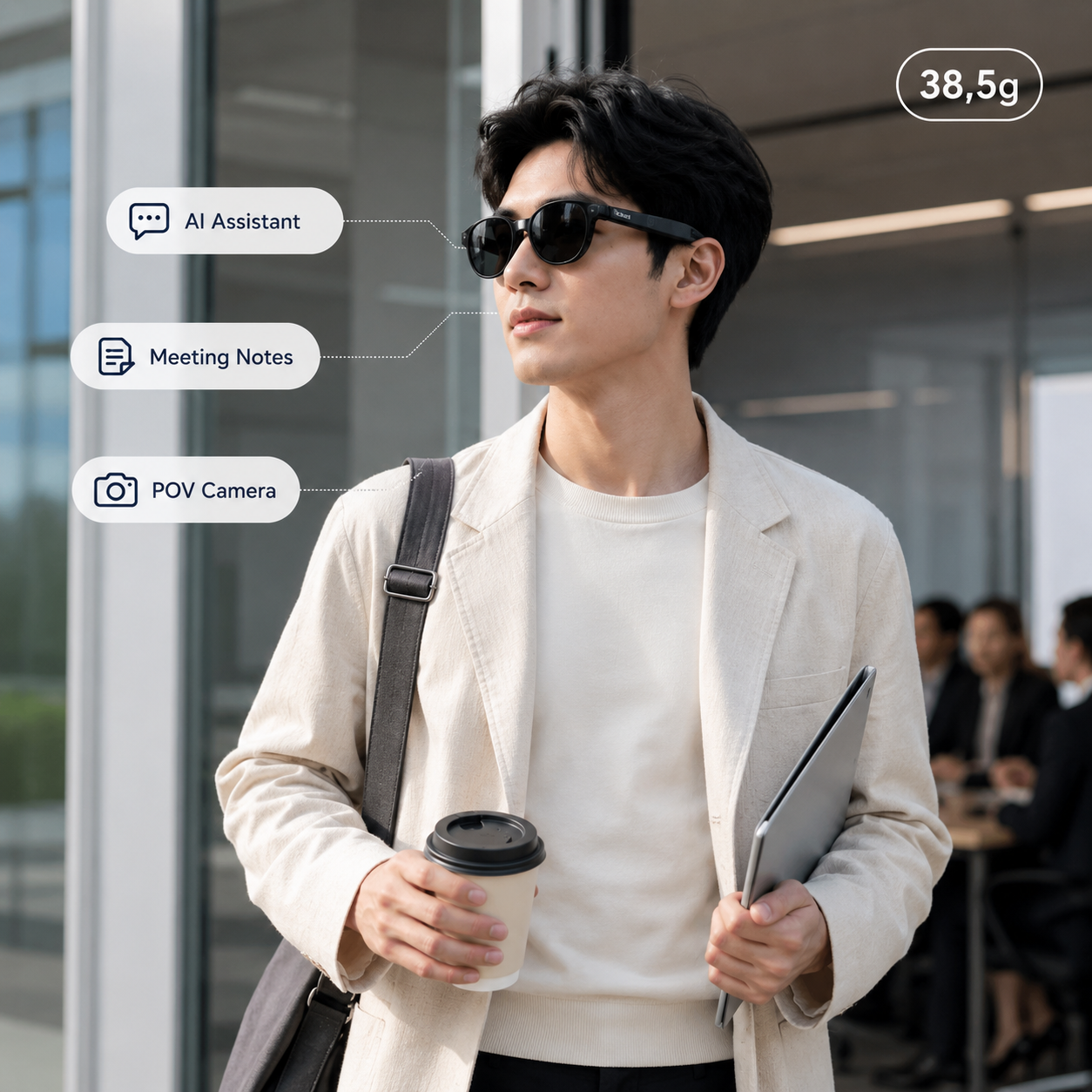 Người dùng Rokid AI Glasses Style sử dụng AI, meeting notes và camera POV rảnh tay.