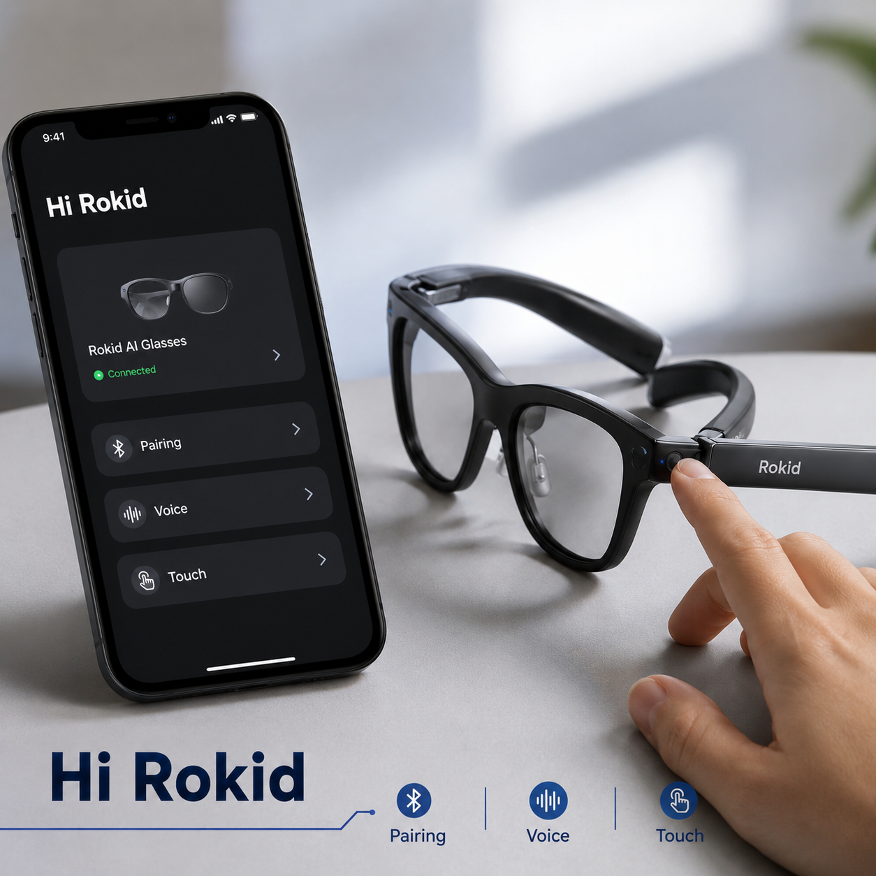 Người dùng cài Hi Rokid và làm quen điều khiển voice, touch trên Kính Thông Minh Rokid.
