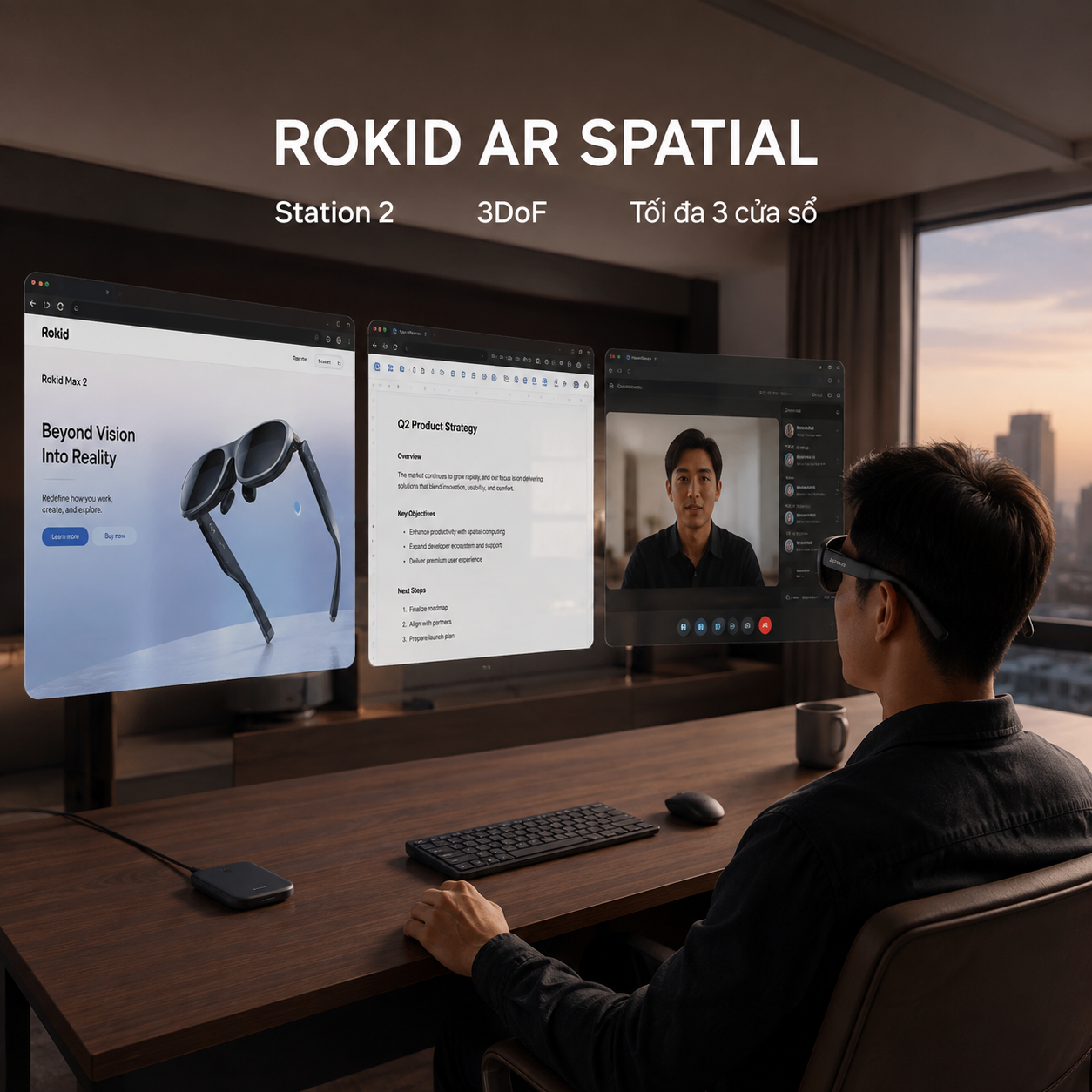 Người dùng Rokid AR Spatial làm việc với Station 2 và ba cửa sổ trong không gian AR.