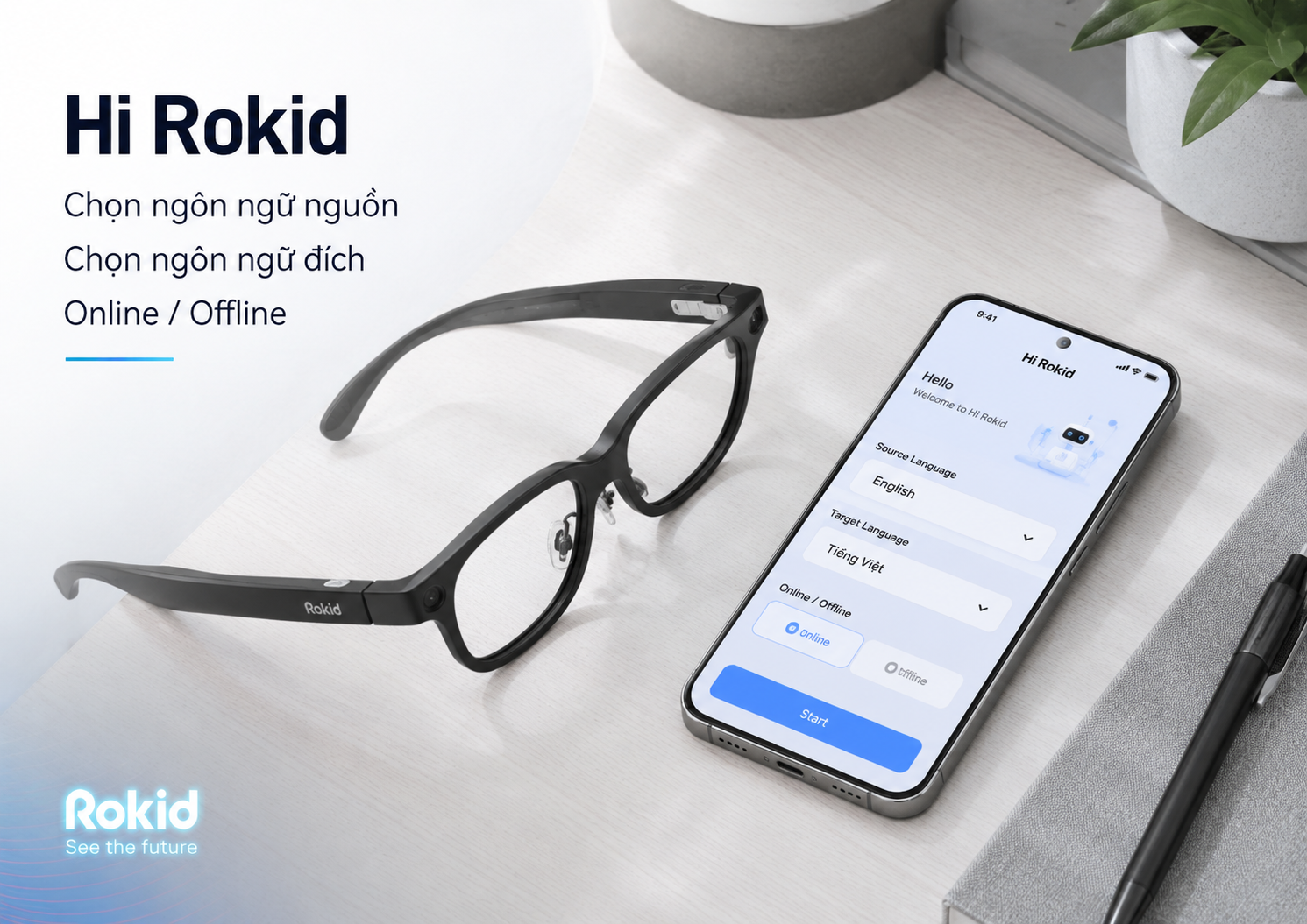 Điện thoại mở Hi Rokid để chọn ngôn ngữ nguồn và đích trước khi dùng tính năng dịch trên kính Rokid.