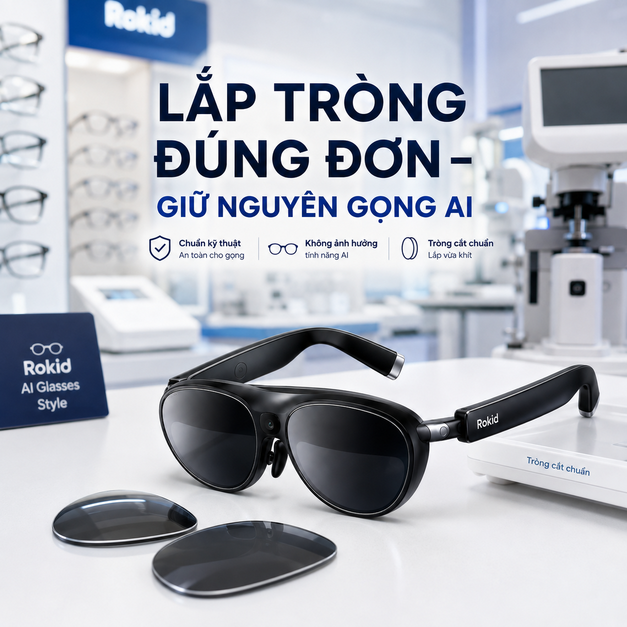 lắp tròng cận trực tiếp vào gọng Rokid AI Glasses Style.