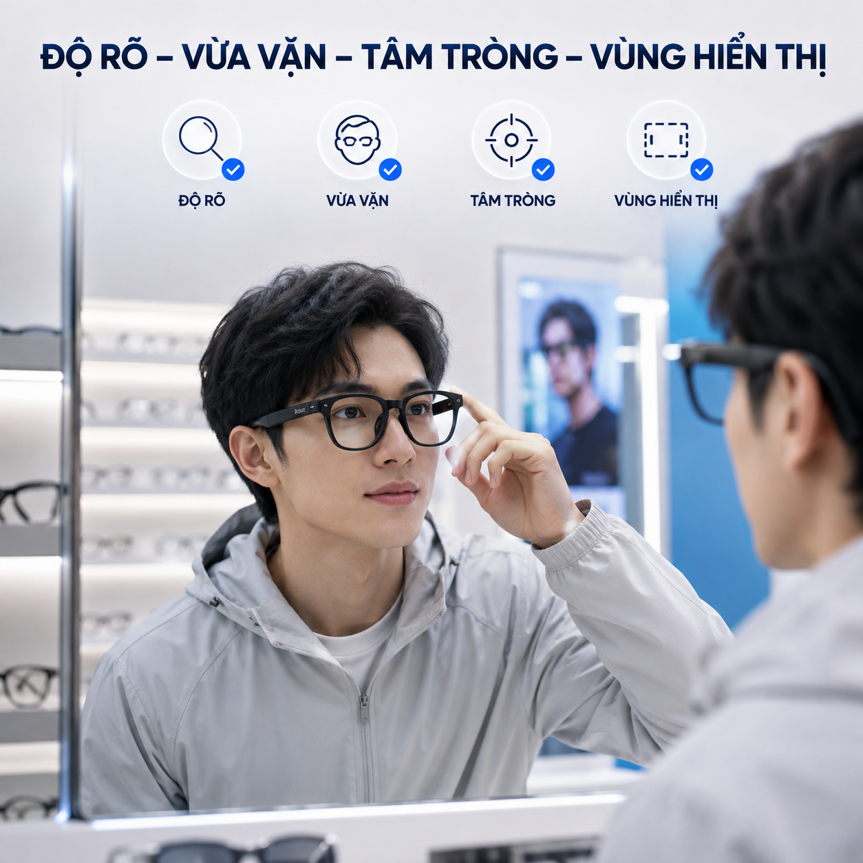 kiểm tra độ rõ và độ vừa sau khi lắp tròng cận Rokid.