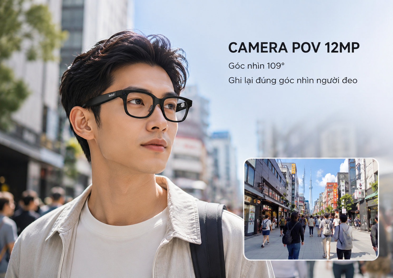 Người dùng Rokid AI Glasses Style quay video POV khi đi bộ trong thành phố.