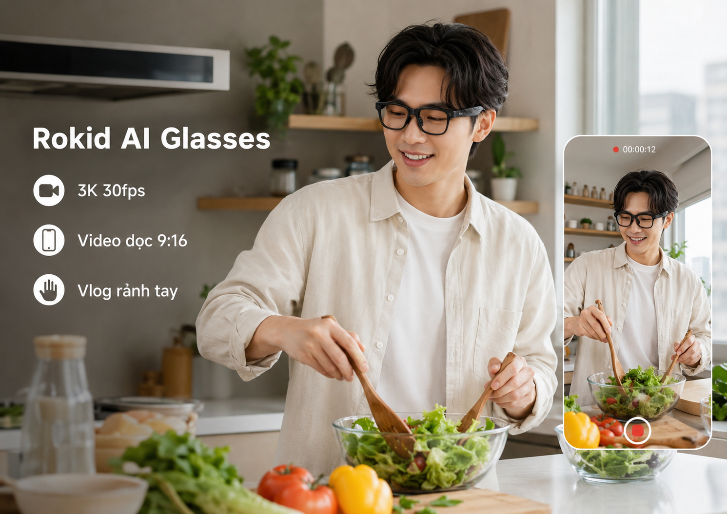 Người dùng Rokid AI Glasses Style quay vlog dọc 3K 30fps bằng camera POV.