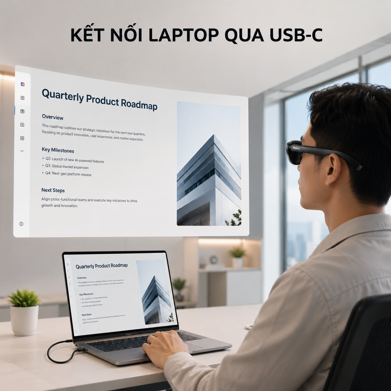 kính Rokid Max 2 kết nối laptop qua USB-C.