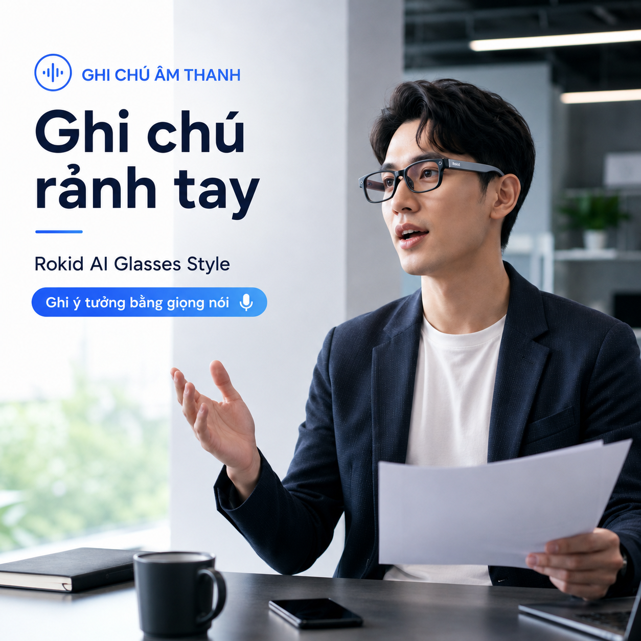 Người dùng Rokid AI Glasses Style ghi voice memo rảnh tay trong công việc.