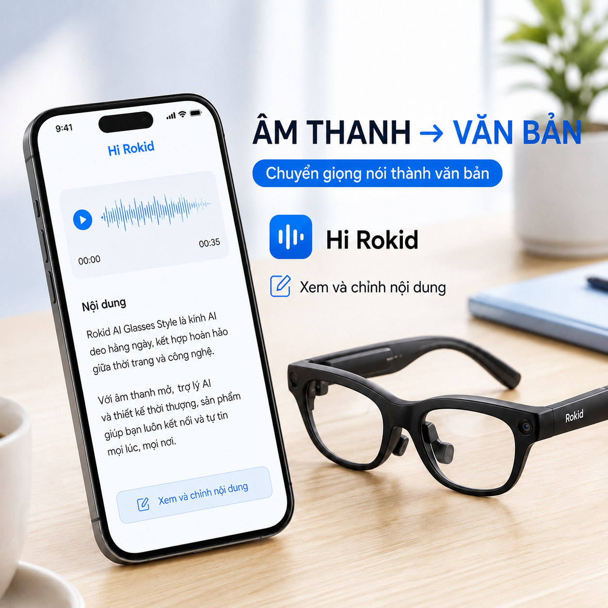 Hi Rokid quản lý audio memo và nội dung chuyển giọng nói thành văn bản.