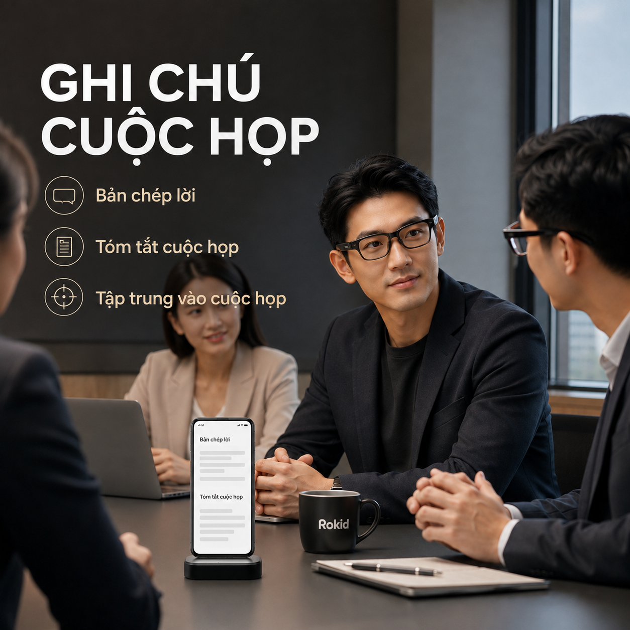 Người dùng kính AI Rokid sử dụng AI Meeting Notes trong cuộc họp.