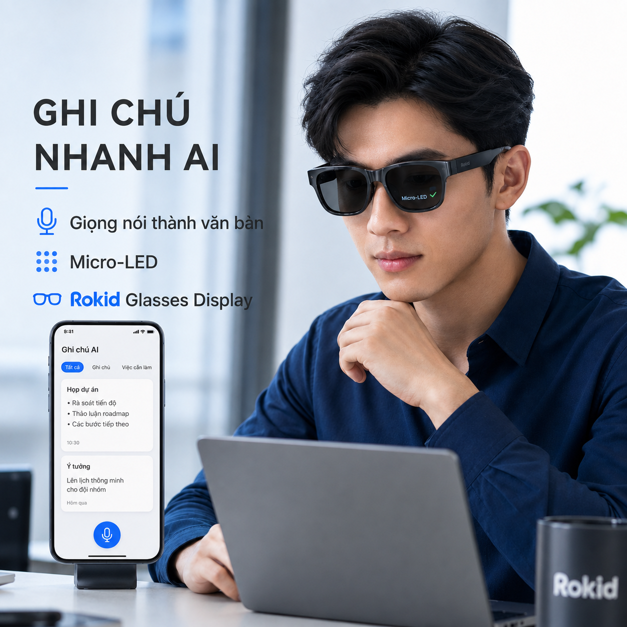 Rokid Glasses Display hỗ trợ AI QuickNote và voice-to-text.