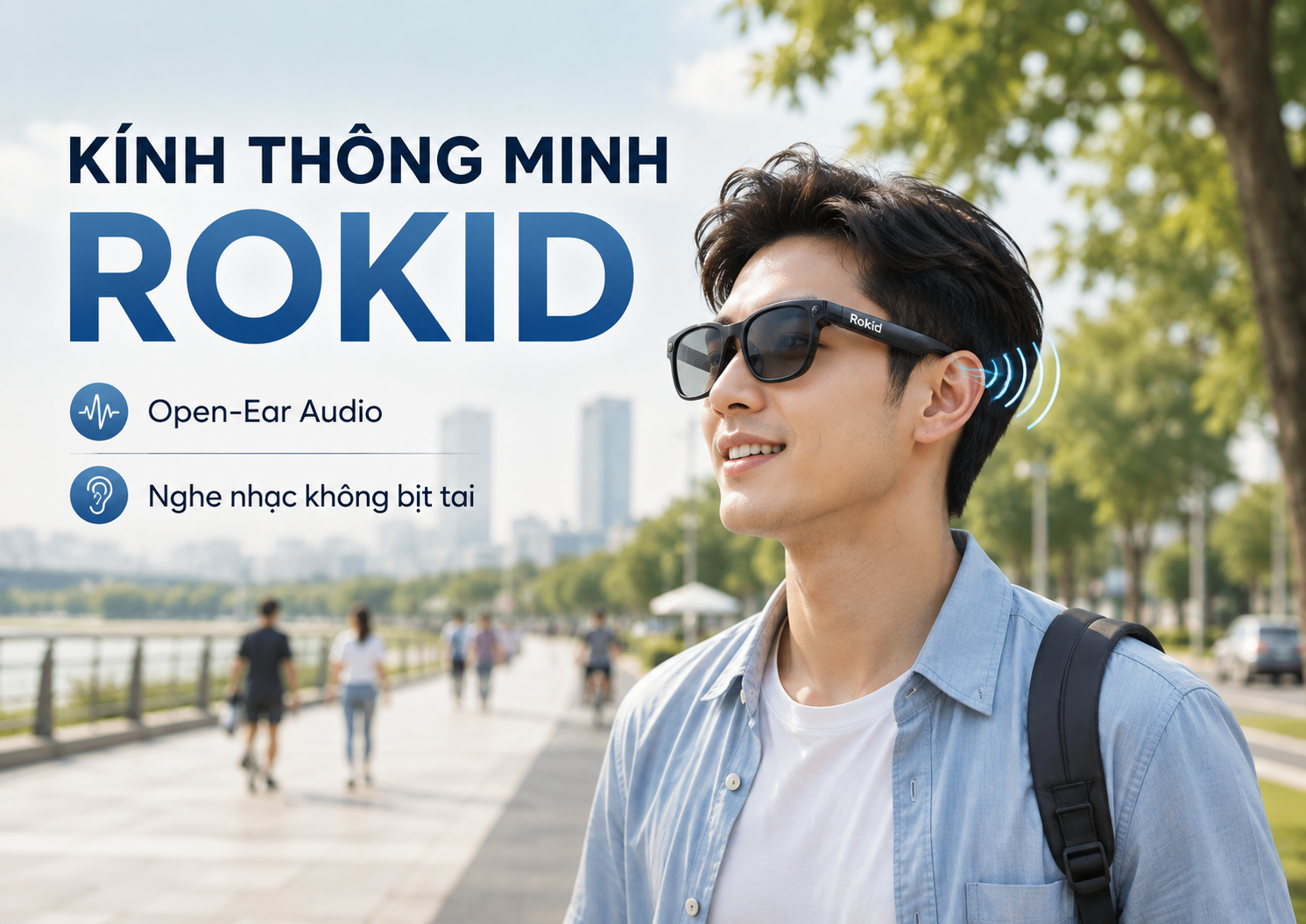 Người dùng Rokid AI Glasses Style nghe nhạc bằng loa Open-Ear khi đi bộ ngoài trời.