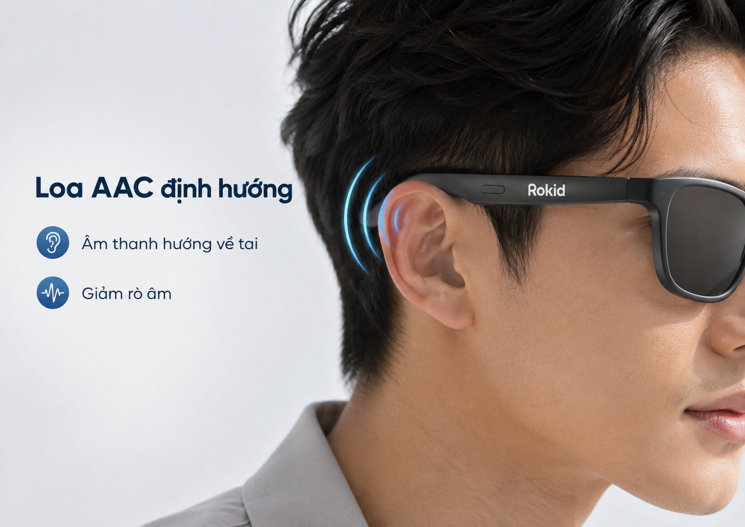 Cận cảnh hệ thống loa AAC định hướng trên càng Kính Thông Minh Rokid.
