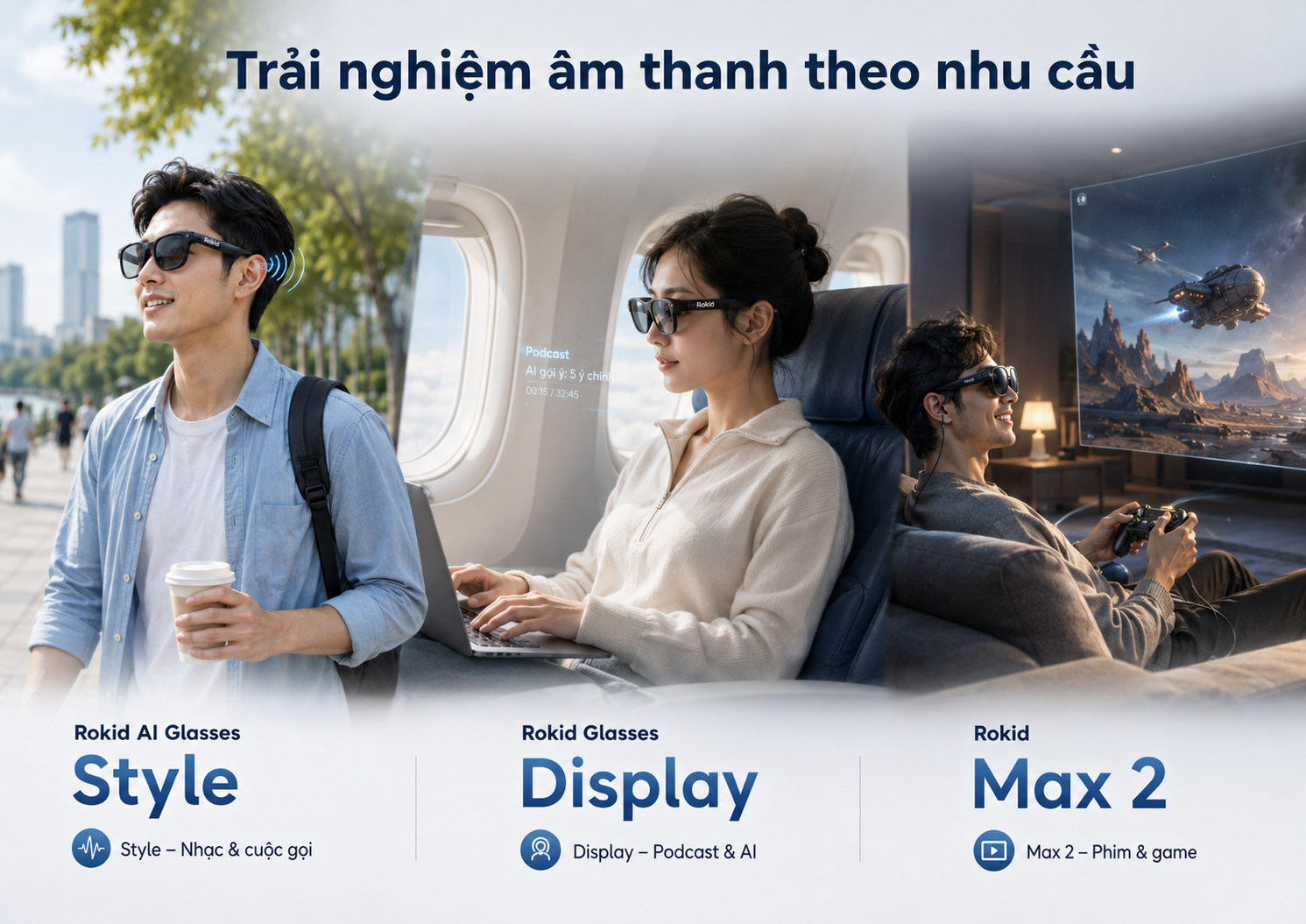 Ba tình huống sử dụng âm thanh trên Rokid AI Glasses Style, Rokid Glasses Display và Rokid Max 2.