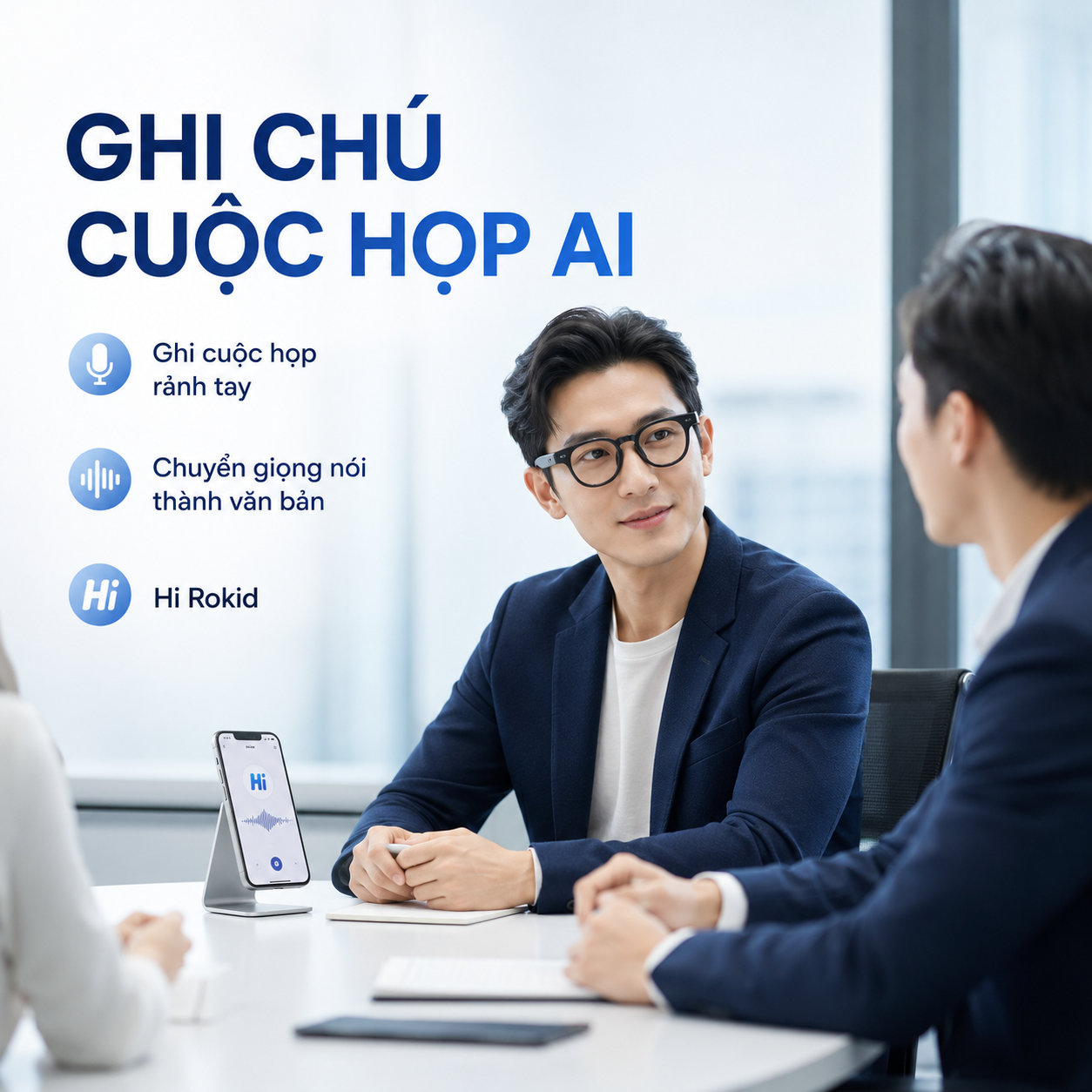 Kính AI Rokid hỗ trợ ghi chú cuộc họp và transcription.