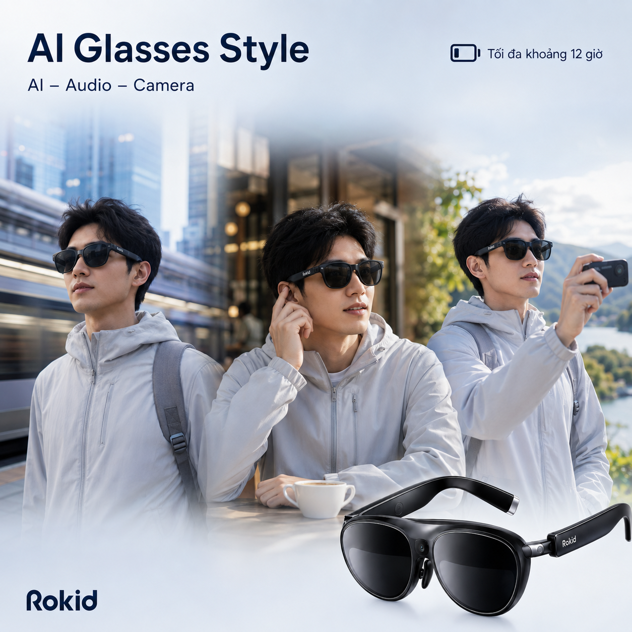Người dùng Rokid AI Glasses Style trong nhiều hoạt động hằng ngày với thời lượng pin tối đa khoảng 12 giờ.