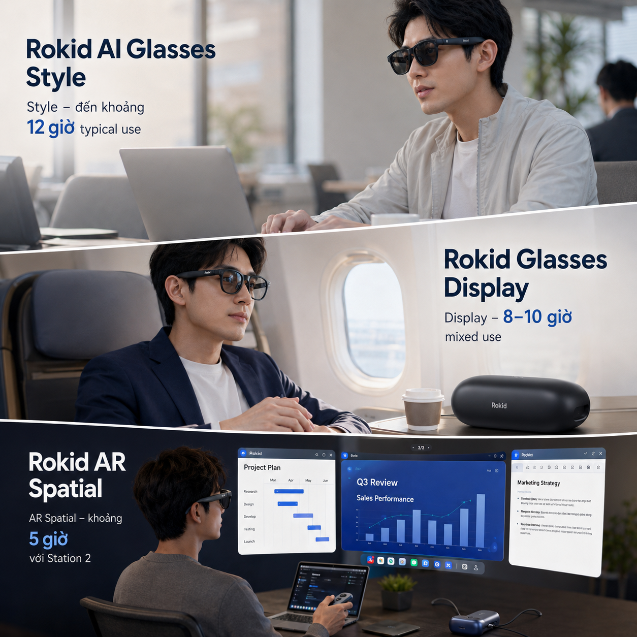 Ba tình huống sử dụng pin của Rokid AI Glasses Style, Rokid Glasses Display và Rokid AR Spatial.