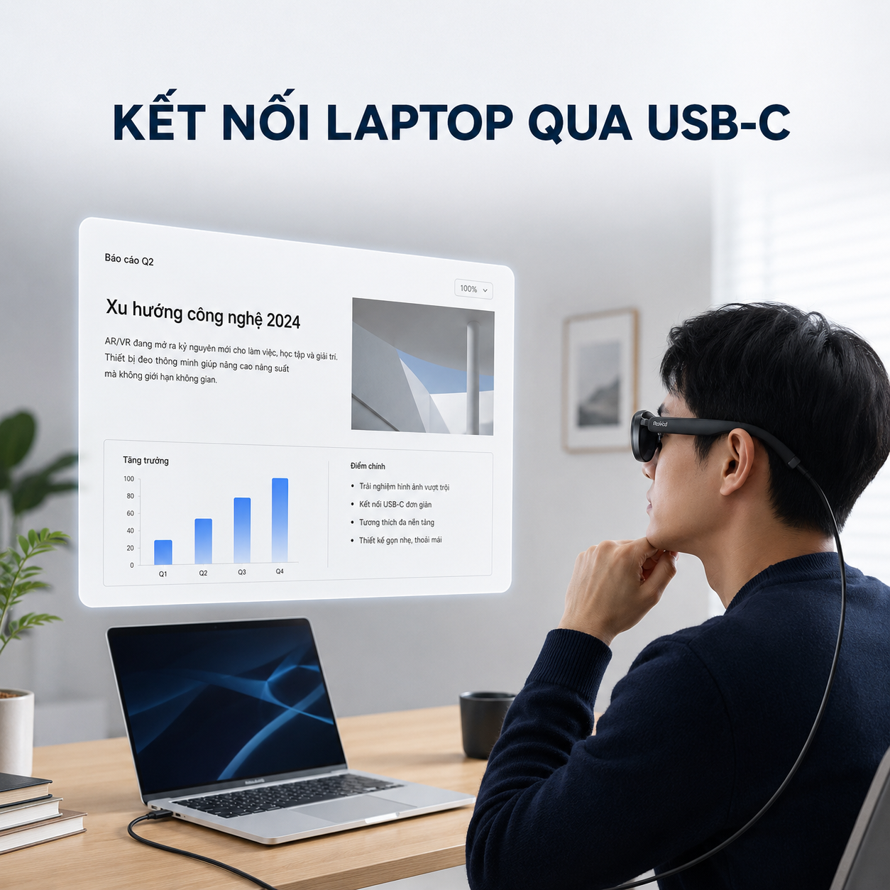 kính Rokid Max 2 kết nối trực tiếp với laptop.