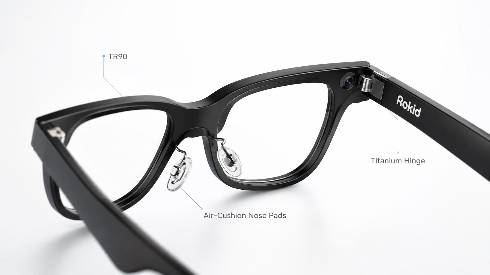 Cận cảnh đệm mũi, gọng TR90 và bản lề titanium của Rokid AI Glasses Style.