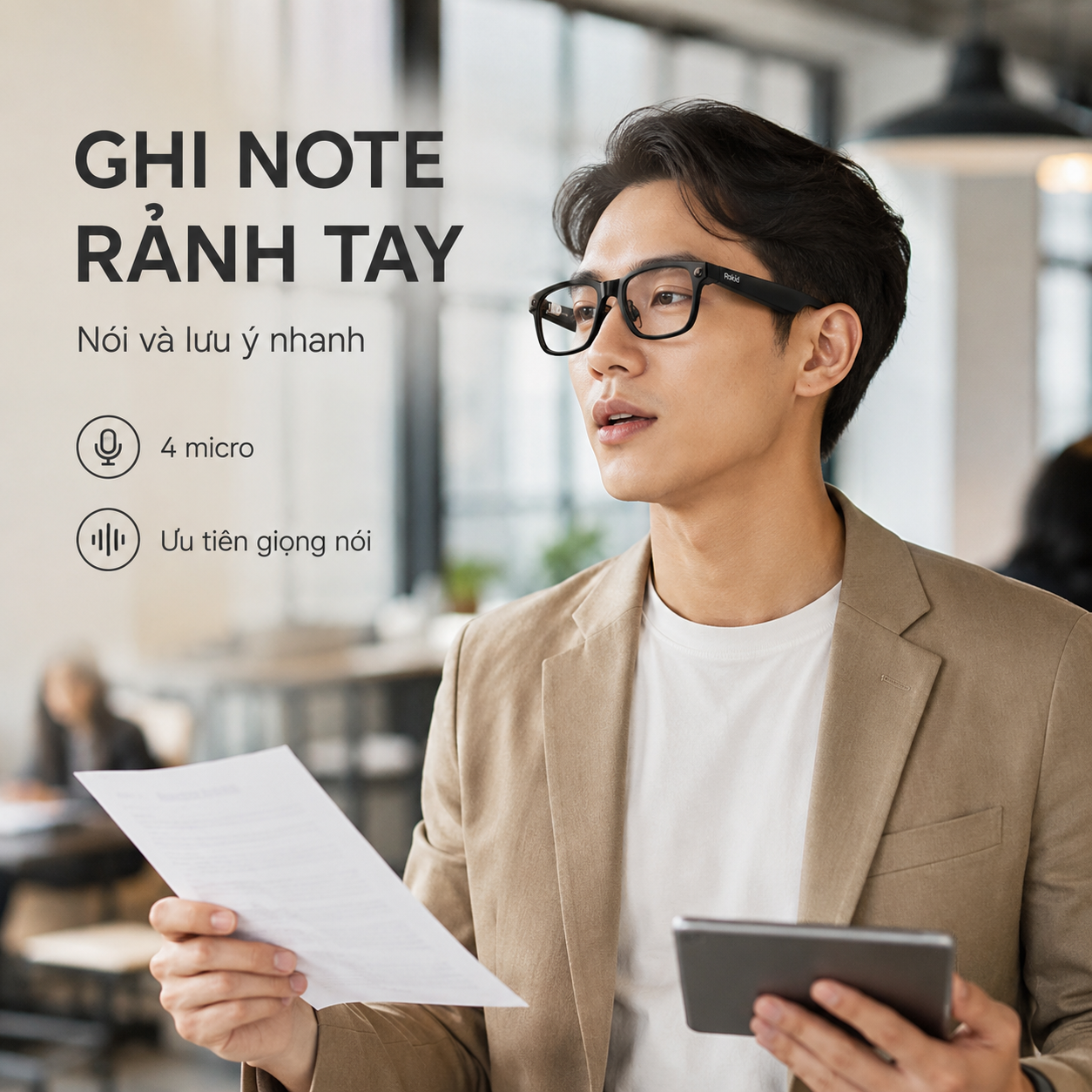 Người dùng kính AI Rokid ghi voice note khi hai tay đang bận.