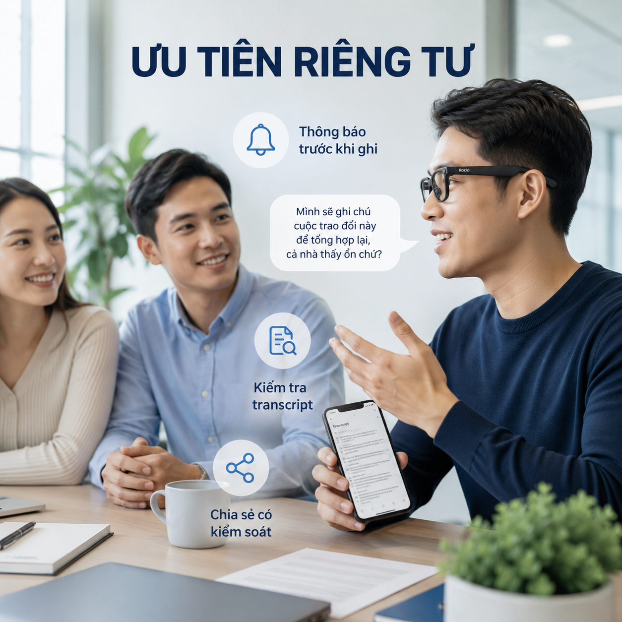 Người dùng kính Rokid kiểm tra transcript và tôn trọng quyền riêng tư khi ghi chú.