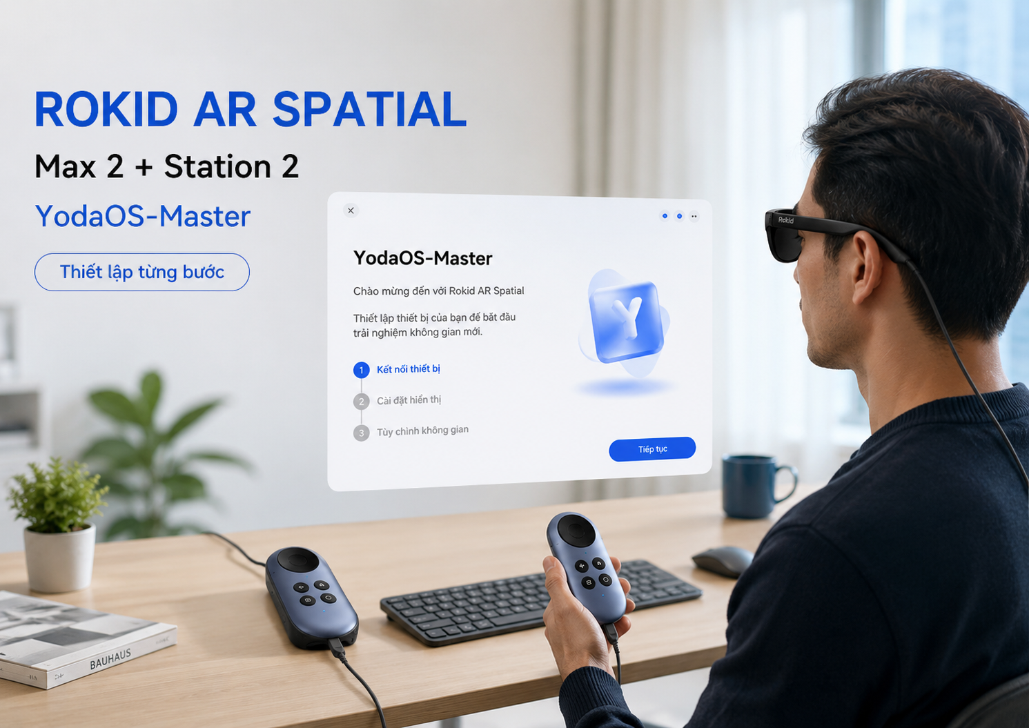 Người dùng thiết lập Rokid AR Spatial lần đầu với Rokid Max 2 và Station 2.
